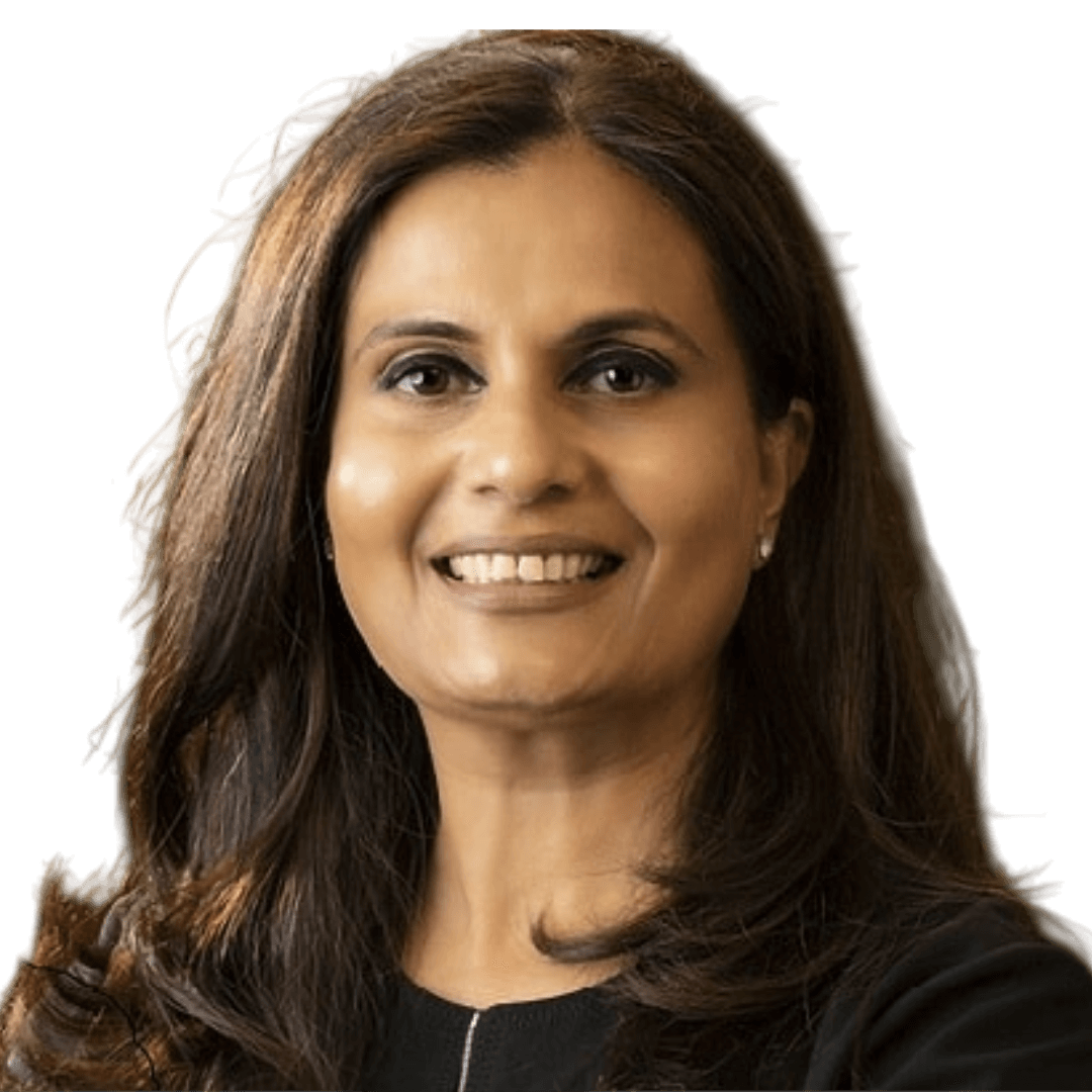Smiling woman with long dark hair and black top, isolated on black background.