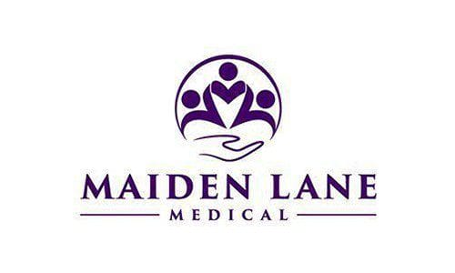 Maiden Lane Medical logo with purple heart and people figures, healthcare branding design.