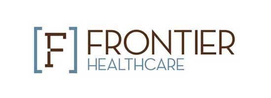 Frontier Healthcare logo with stylized "F" and modern typography in brown and blue tones.
