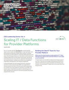 CEO Leadership Series Vol. 4 cover on scaling IT and data functions for provider platforms with code background.