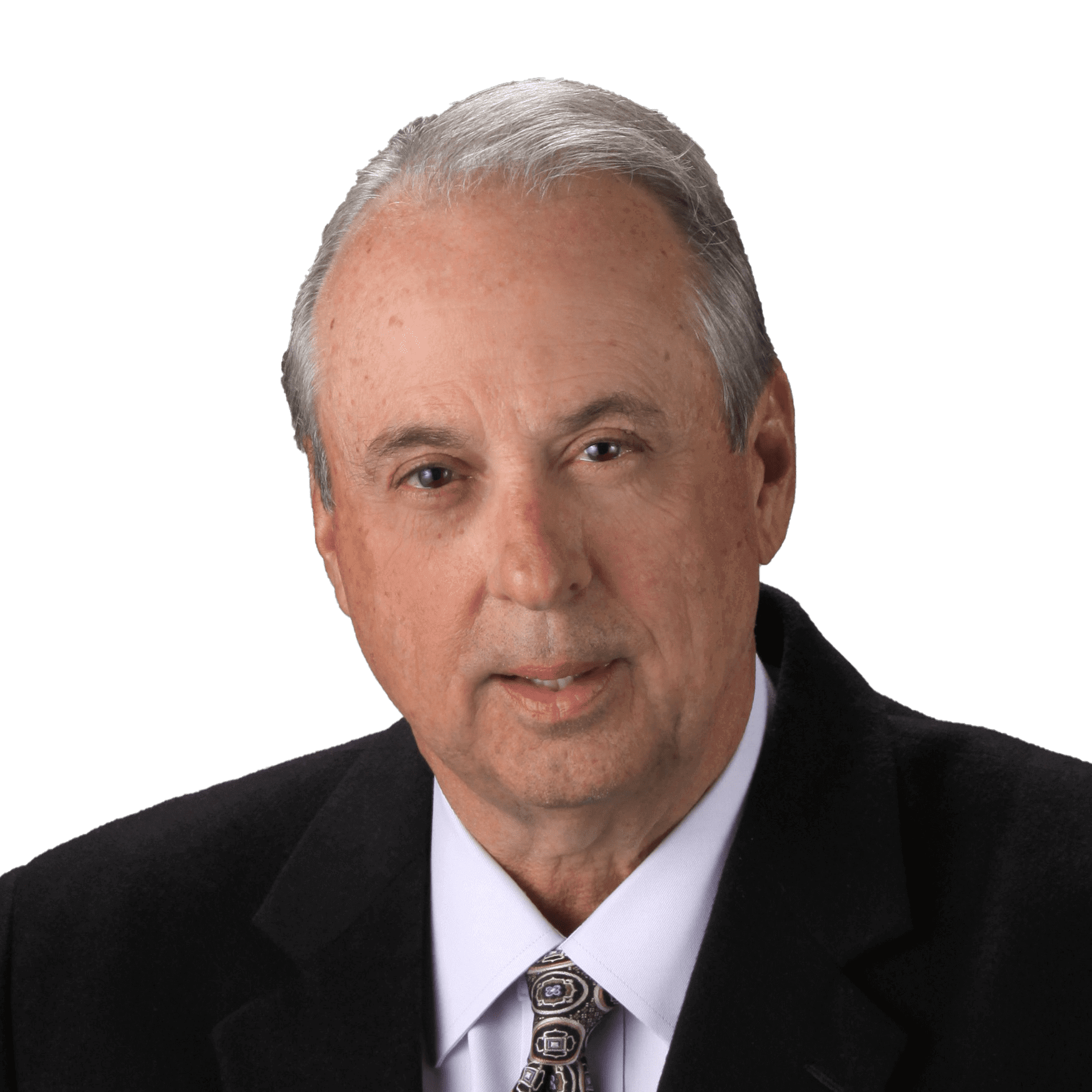 Senior man in a suit with a patterned tie, professional headshot, neutral expression, white background.