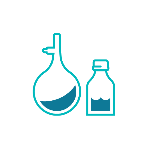 Anesthesia concept icon with a blue laboratory flask and medicine bottle, symbolizing medical sedation and surgery preparation.
