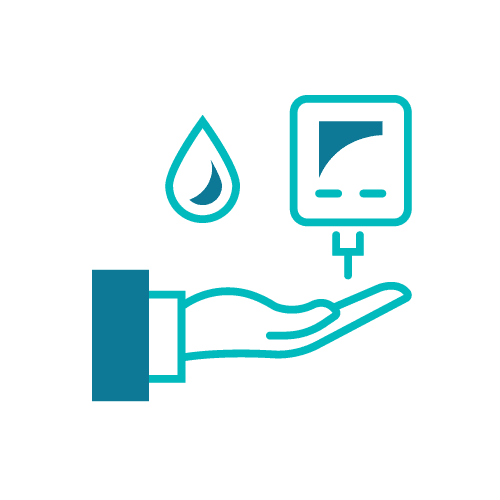 Hand with blood drop and glucose meter icon, representing diabetes management and infusion therapy.