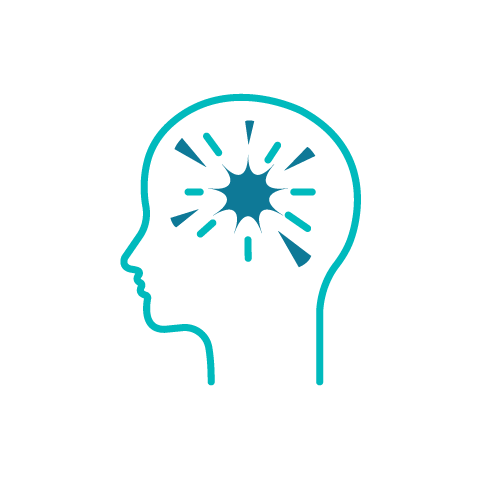 Behavioral health icon showing human head silhouette with brain and starburst, representing mental wellness and cognitive therapy.