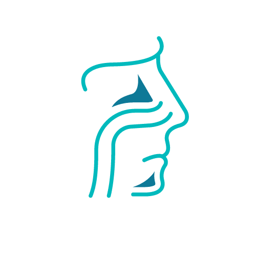 ENT diagram outline showing human ear, nose, and throat in turquoise lines, symbolizing otolaryngology health care.