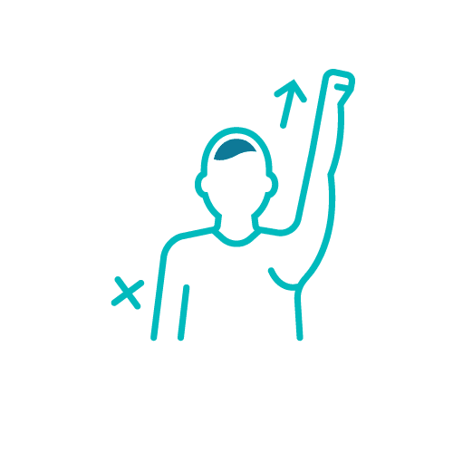 Line drawing of a person raising an arm, illustrating joint movement, related to rheumatology and arthritis health.