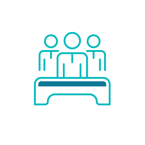 Board training icon with three figures behind a desk, symbolizing leadership development and corporate education.