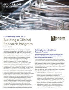 CEO Leadership Series Vol. 5: Building a Clinical Research Program article with test tubes background.