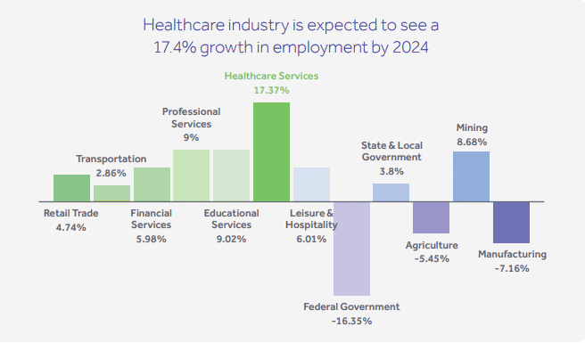 Healthcare employment growth chart showing 17.4% increase by 2024, with sectors like mining, manufacturing, and agriculture.