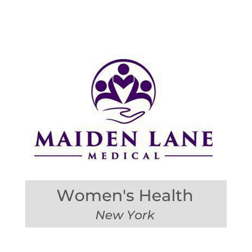 Maiden Lane Medical logo, women's health services, New York healthcare provider, purple icons, supportive community design.