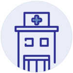 Hospital building icon with medical cross, blue outline on white background, representing healthcare services.