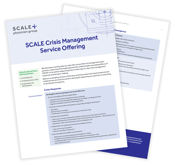 SCALE Physician Group Crisis Management Service Offering document with strategies for COVID-19 response and business continuity.