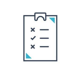 Strategy icon with checklist on clipboard, featuring checkmarks and crosses for planning and organization.