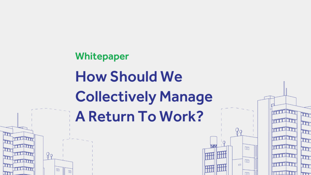 Whitepaper on managing return to work, with illustrated cityscape, addressing post-pandemic workplace strategies.