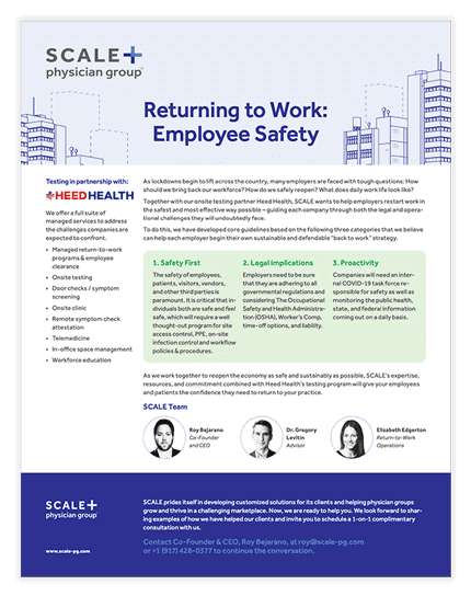 Returning to work employee safety guide by SCALE Physician Group, featuring safety protocols and strategic partnerships.