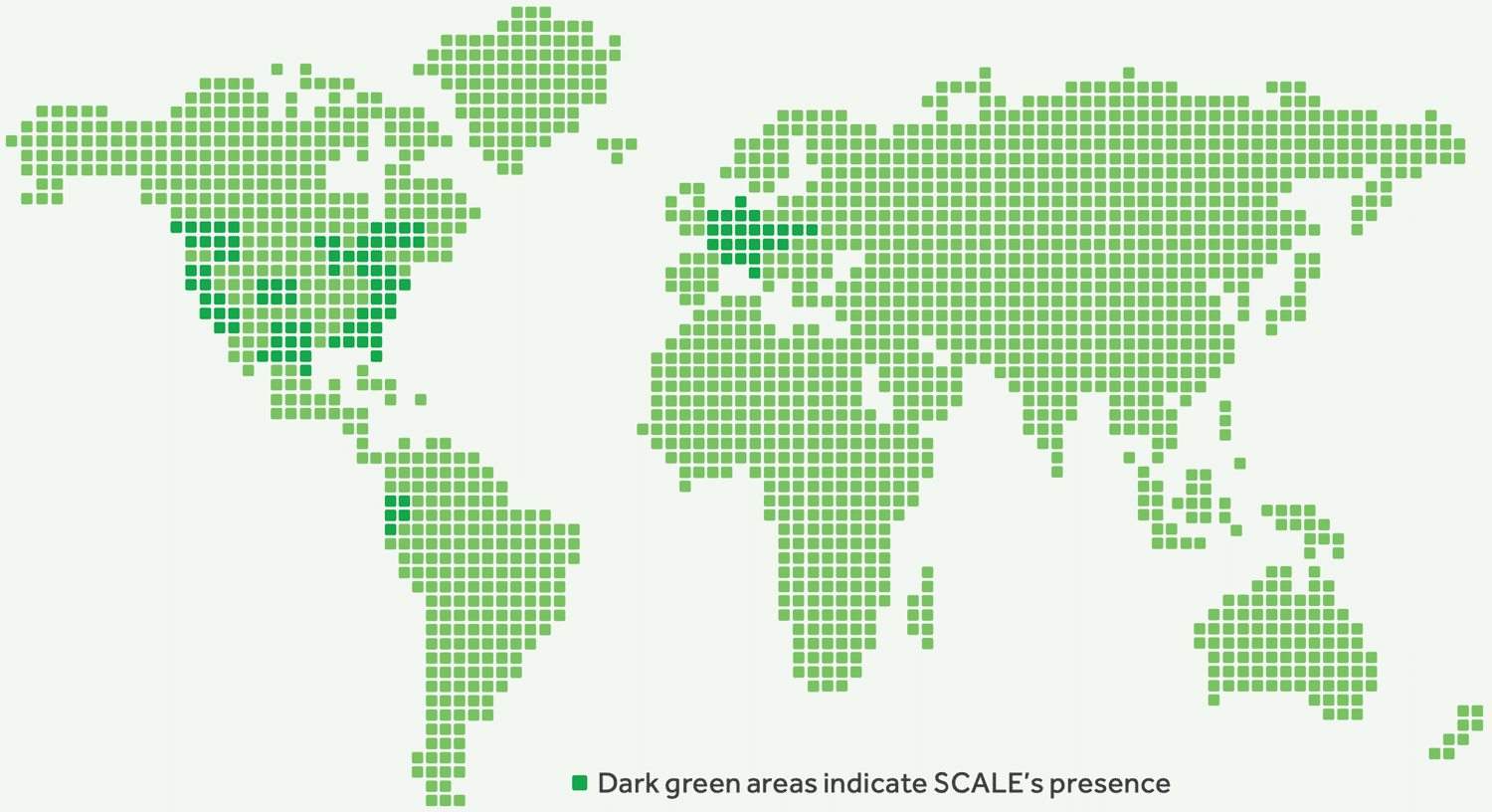 World map highlighting SCALE presence in dark green areas, demonstrating global reach and influence.