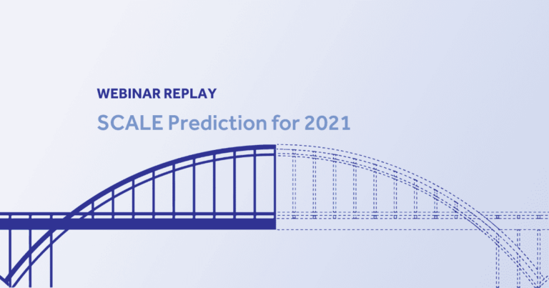 Webinar replay banner for SCALE Prediction 2021 with bridge graphic on light blue background.