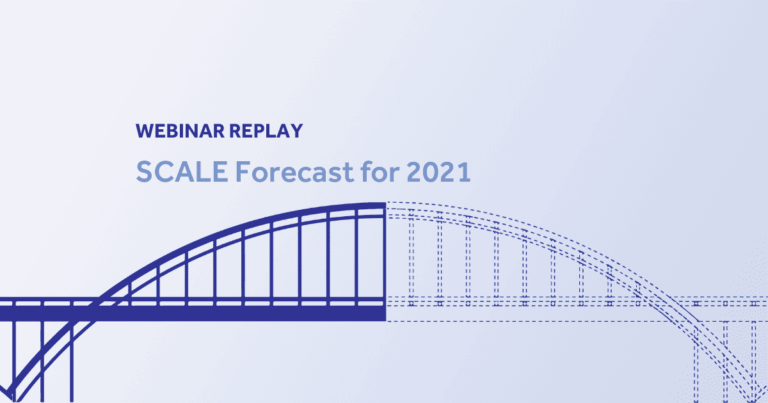 Webinar replay banner for SCALE Forecast 2021 with bridge graphic on light blue background.
