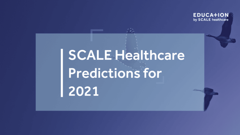 SCALE Healthcare 2021 Predictions Banner with Flying Birds on Blue Background.