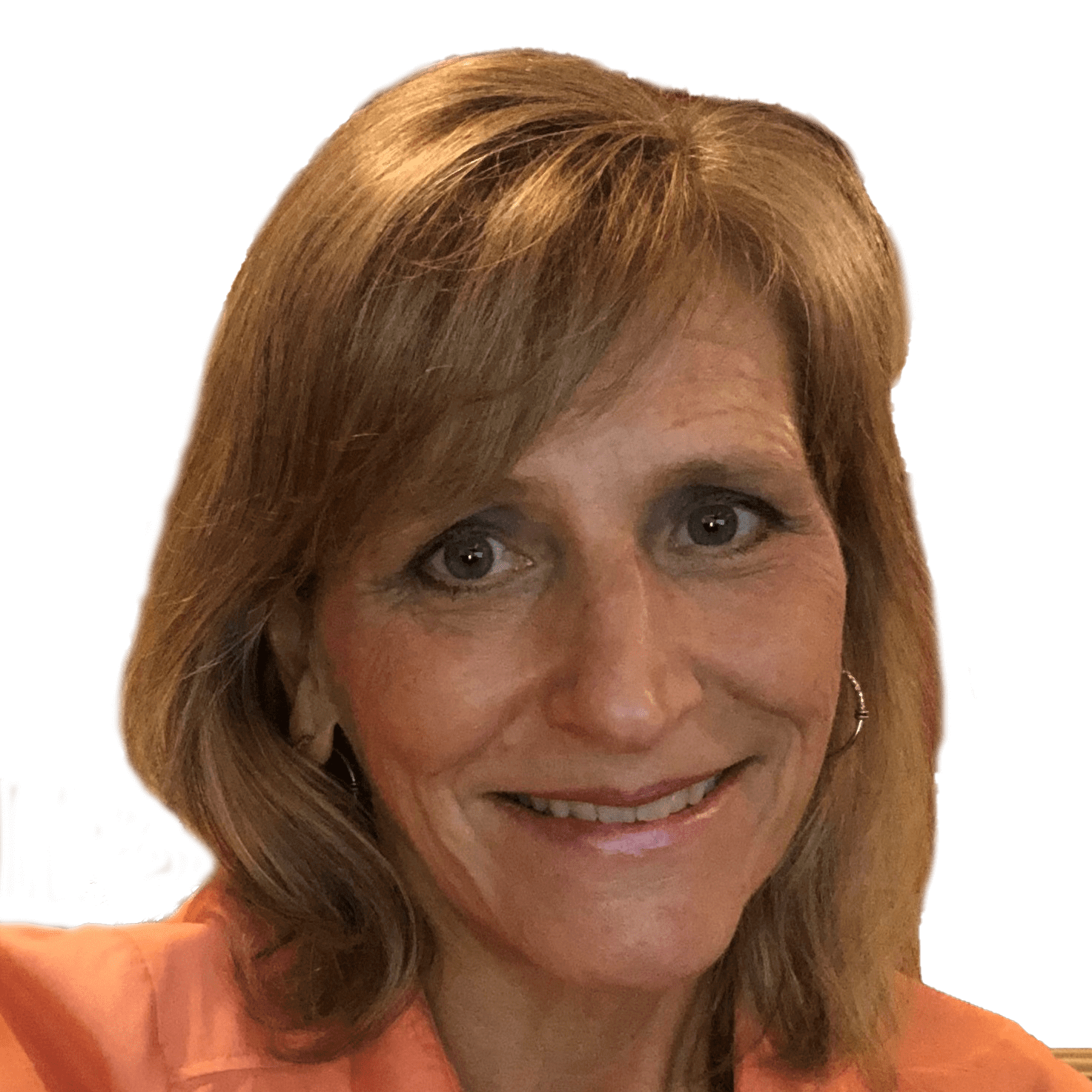 Professional headshot of a smiling woman with shoulder-length blonde hair, wearing an orange top, on a dark background.