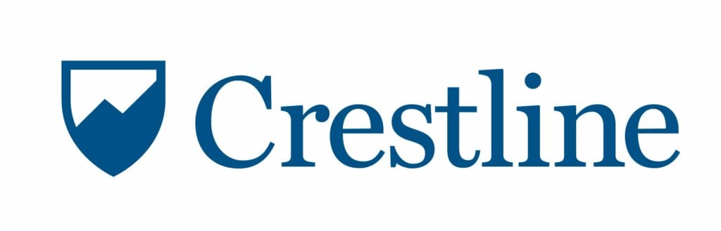 Crestline logo with blue shield and mountain design, representing brand identity and strength.