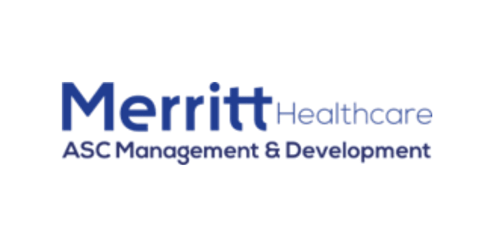 Merritt Healthcare logo, ASC Management and Development branding, blue text on white background.