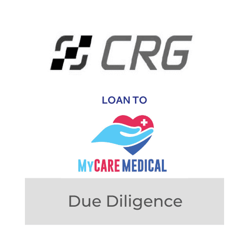 CRG logo with "Loan to MyCare Medical" and "Due Diligence" text, healthcare investment analysis image.