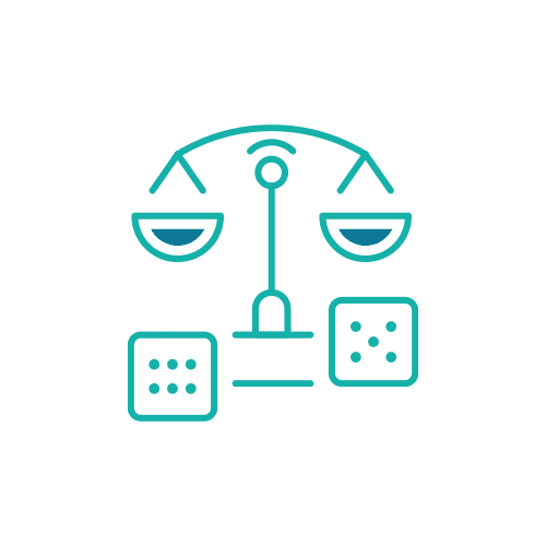 Icon depicting risk assessment with scales and dice, symbolizing balance and uncertainty in decision-making processes.