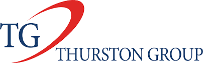 Thurston Group logo with red swoosh and blue lettering, branding for investment firm.