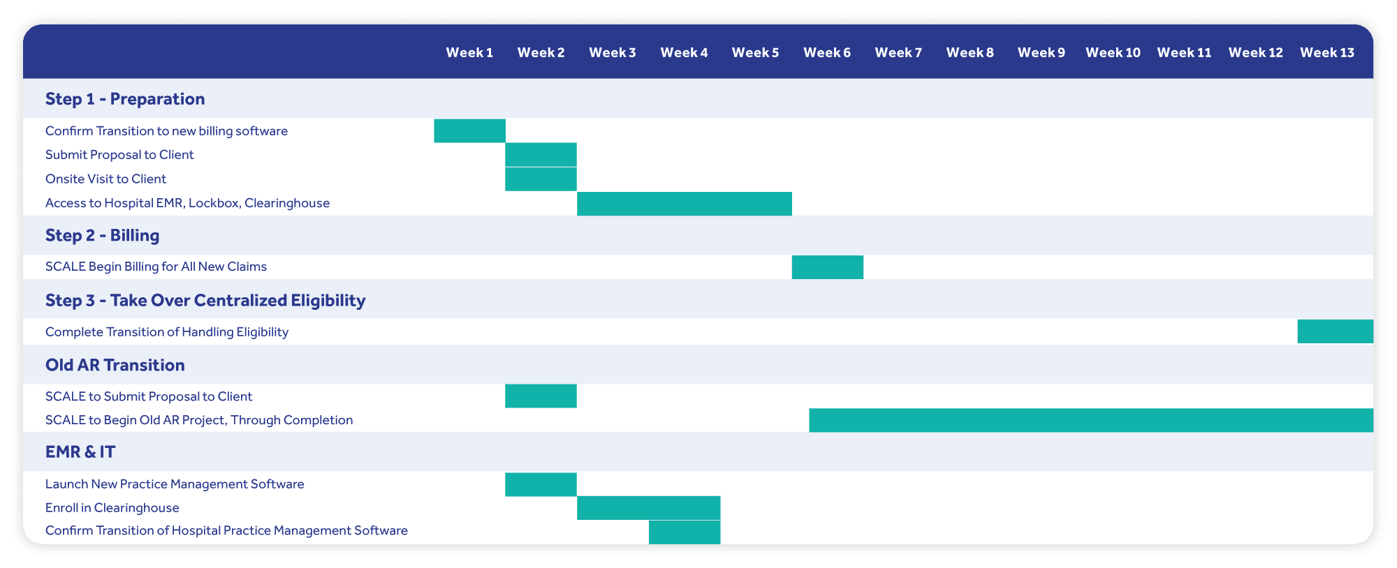 Project timeline chart for billing software transition, detailing preparation, billing, eligibility, and IT steps over 13 weeks.