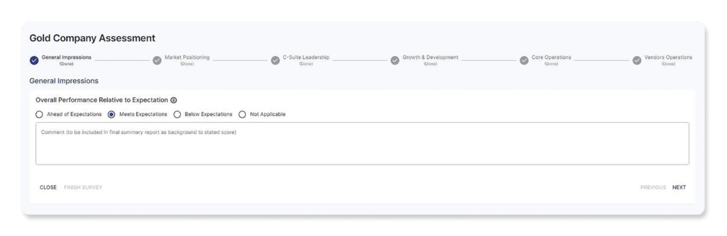 Gold Company Assessment Survey with sections on general impressions, market positioning, leadership, growth, and operations.