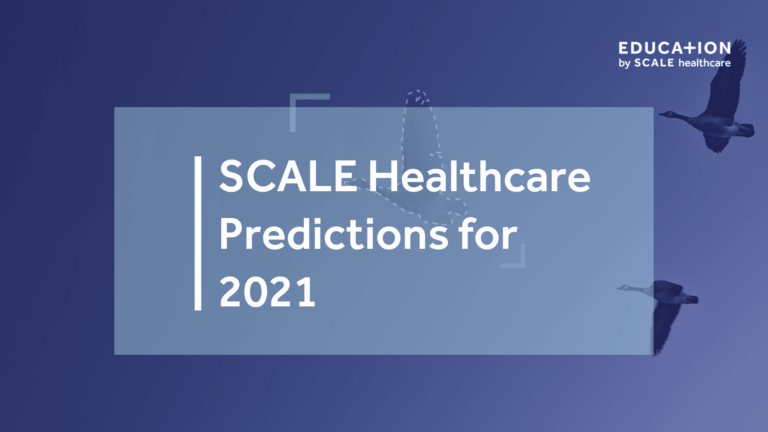 SCALE Healthcare Predictions 2021 graphic with flying birds and blue background.
