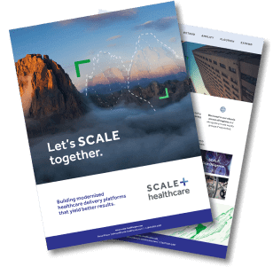 SCALE Healthcare brochure thumbnail with mountain landscape, modern healthcare delivery, and technology integration theme.