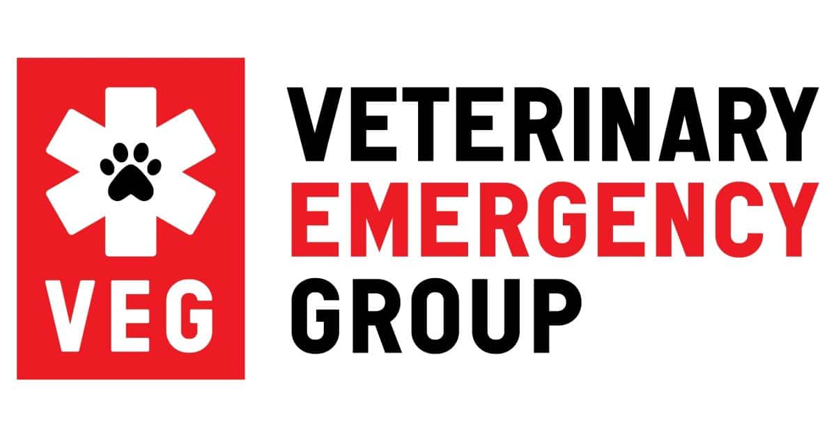 Veterinary Emergency Group logo featuring red and black text with a paw print medical symbol.