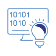 Coding and clinical compliance icon with binary code and light bulb, representing innovation and technology solutions.