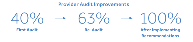 Provider audit improvements chart showing progress from 40% to 63% to 100% after implementing recommendations.
