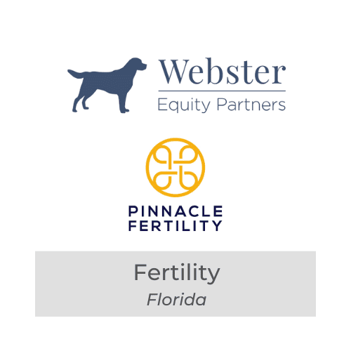 Logos of Webster Equity Partners, Pinnacle Fertility, and a fertility center in Florida for platform partnership.