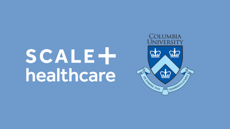 SCALE Healthcare and Columbia University logo on blue background, partnership banner.
