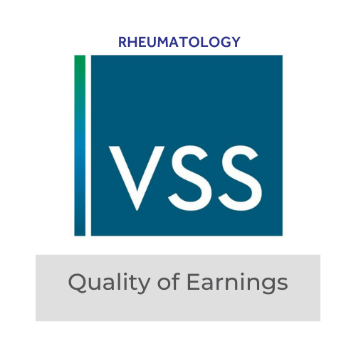 VSS Rheumatology logo with "Quality of Earnings" text, featuring a blue square and vertical gradient line.
