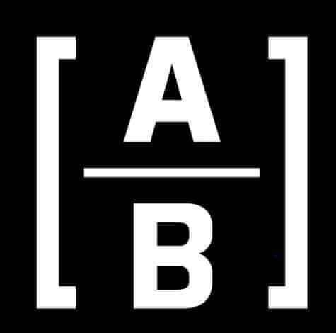 Alliance Bernstein logo with bold white letters A and B separated by a line, surrounded by brackets on a black background.