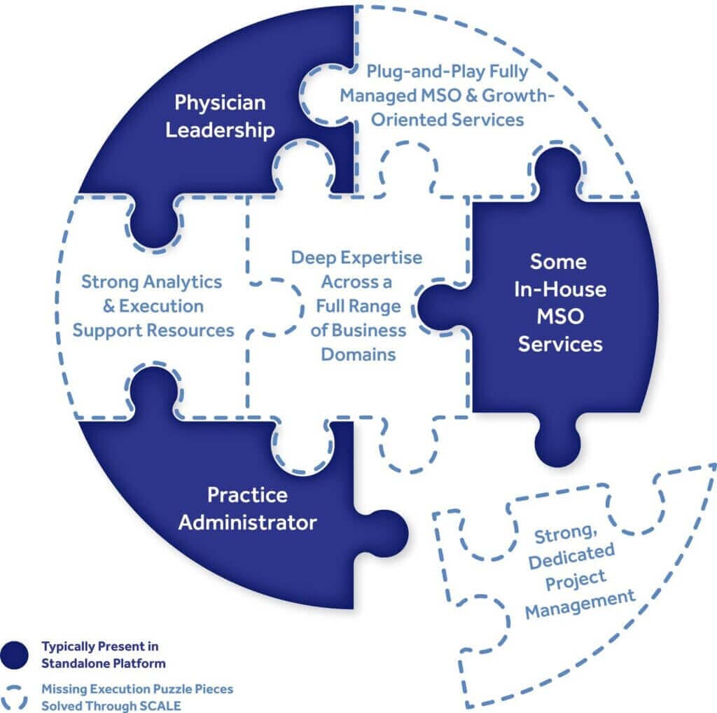 Puzzle diagram illustrating MSO services, physician leadership, practice administration, analytics, and project management expertise.