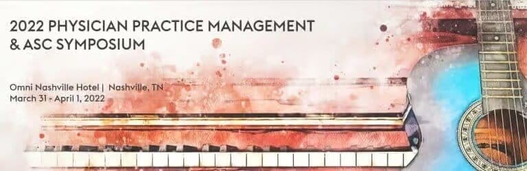 2022 Physician Practice Management Symposium banner, Nashville, TN, guitar and piano illustration, March 31-April 1.