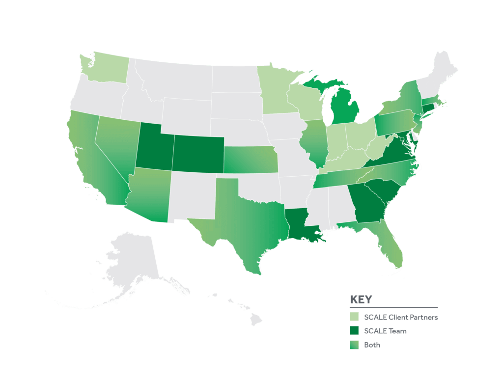 USA map showing SCALE Client Partners and Team locations in various states, highlighted in green shades.