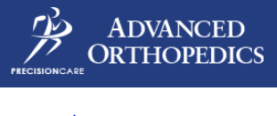 Advanced Orthopedics logo featuring stylized figure with text "Precision Care" on blue background.
