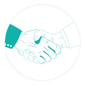 Handshake illustration in circle, symbolizing business agreement, partnership, teamwork, and collaboration.