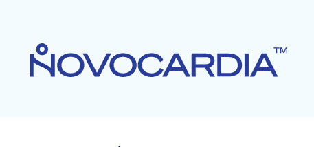 Novocardia logo, blue text on light background, healthcare branding, modern design, trademark symbol.