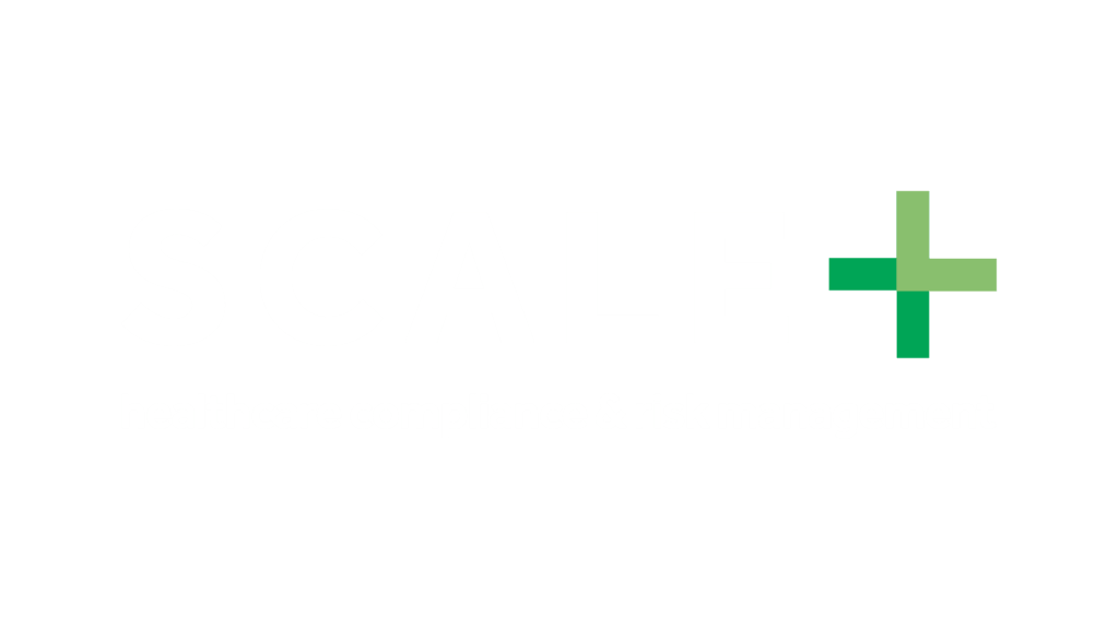 SCALE logo for healthcare compliance and risk management with green plus symbol.