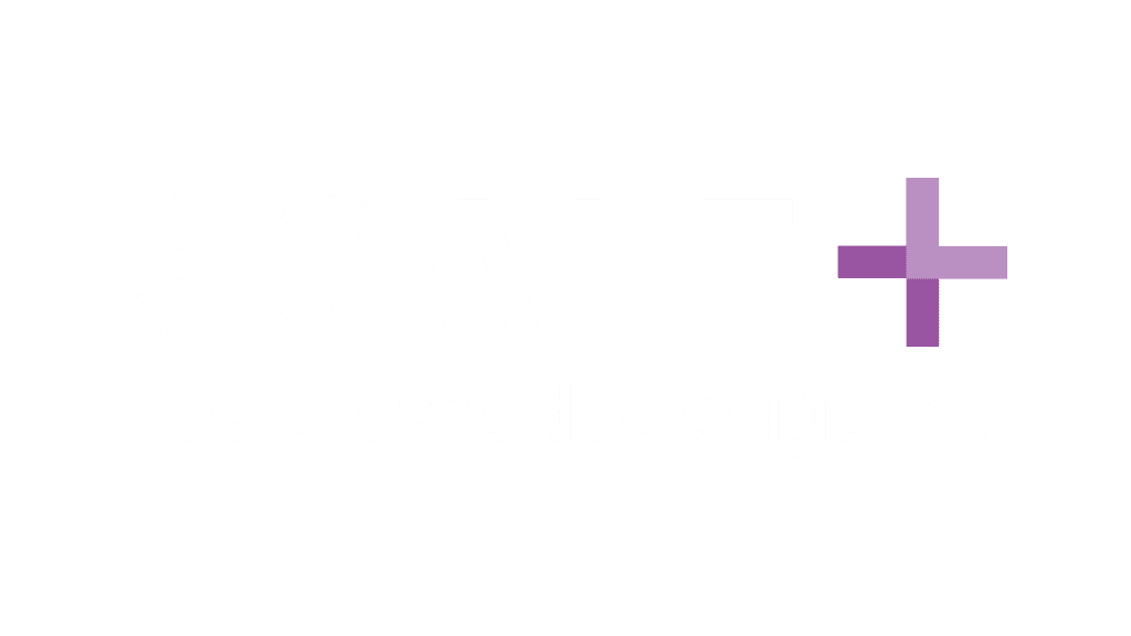 SCALE healthcare due diligence logo with purple cross on black background.