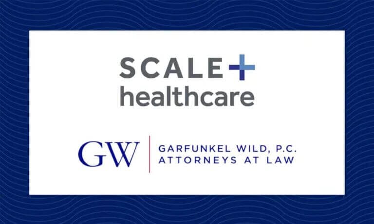 SCALE Healthcare logo with Garfunkel Wild Attorneys at Law branding on blue wave background.