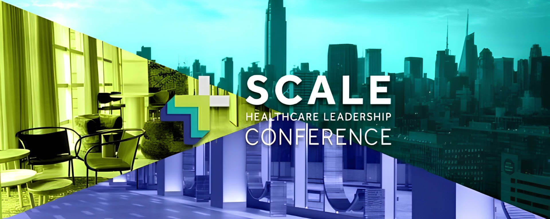 SCALE Healthcare Leadership Conference banner with abstract cityscape and modern design elements.